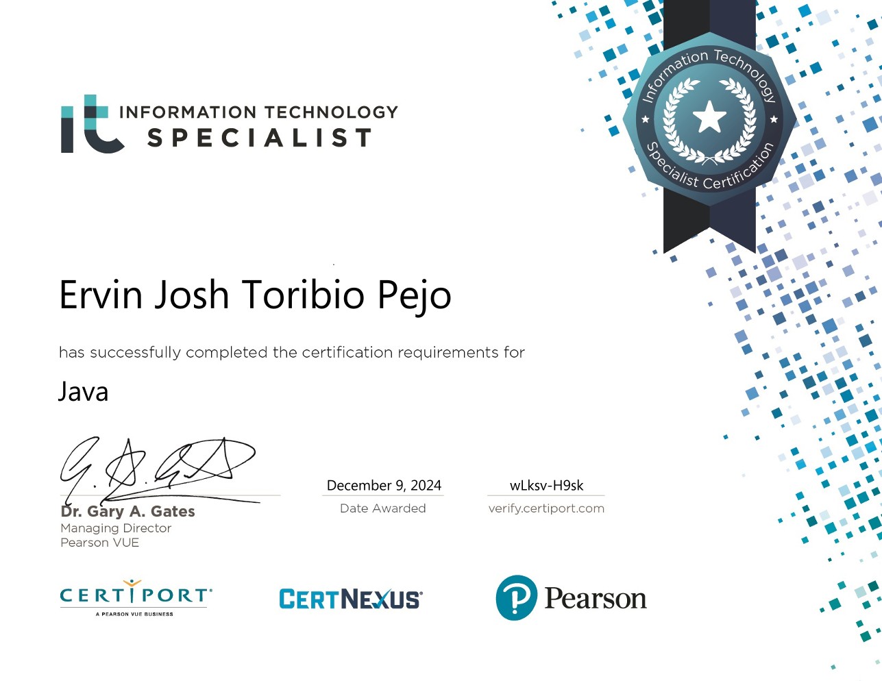 IT Specialist Java certificate