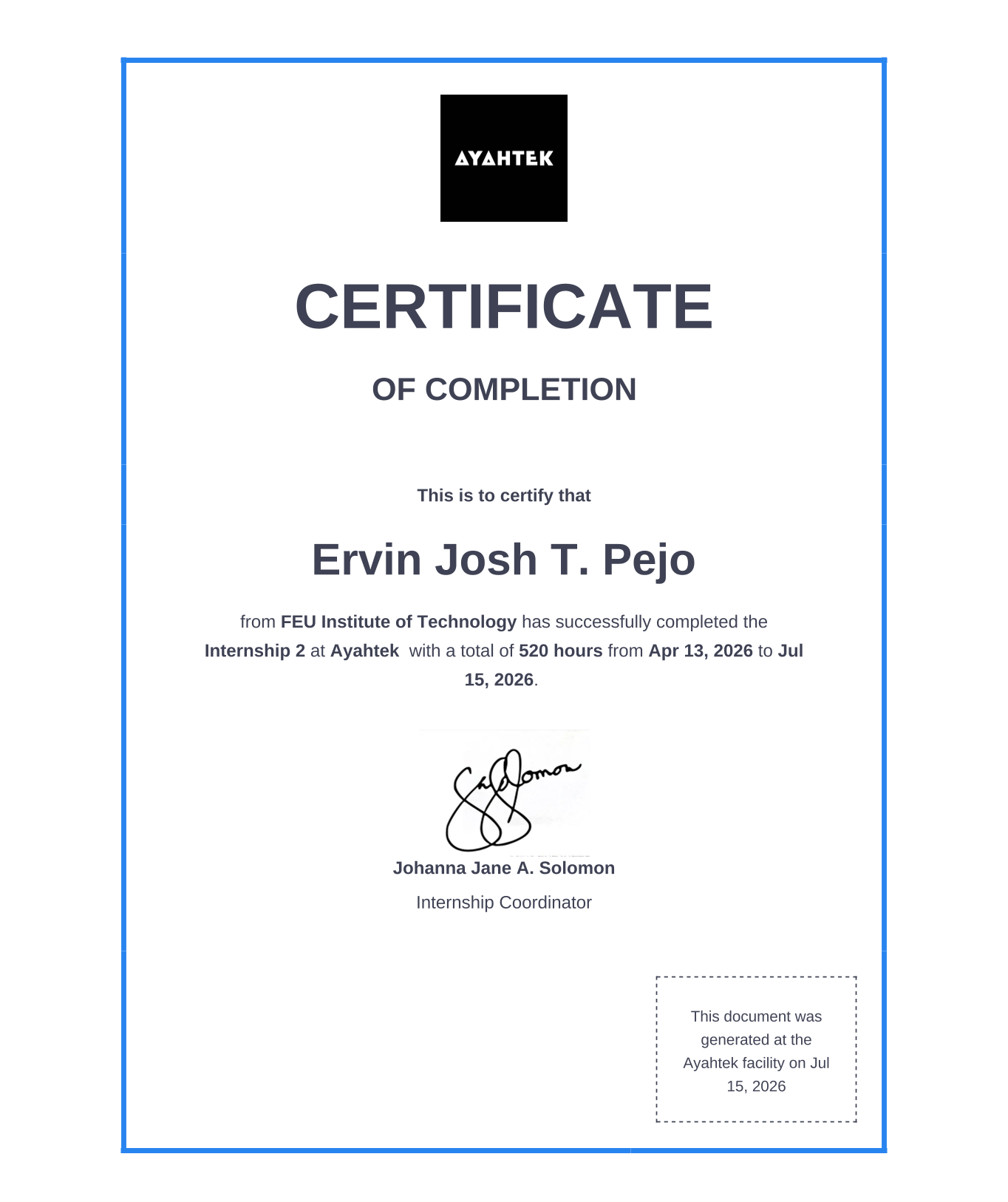 Ayahtek internship certificate