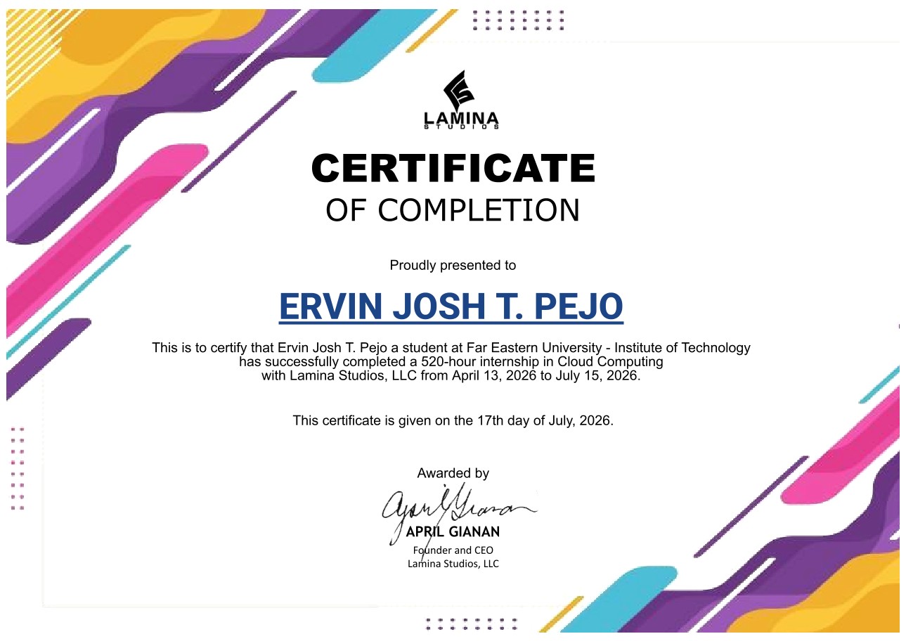 Lamina Studios internship certificate